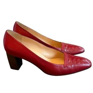 Bottega Veneta Red Leather Intrecciato Weave Pump Mid Block Heels Round Toe 9.5